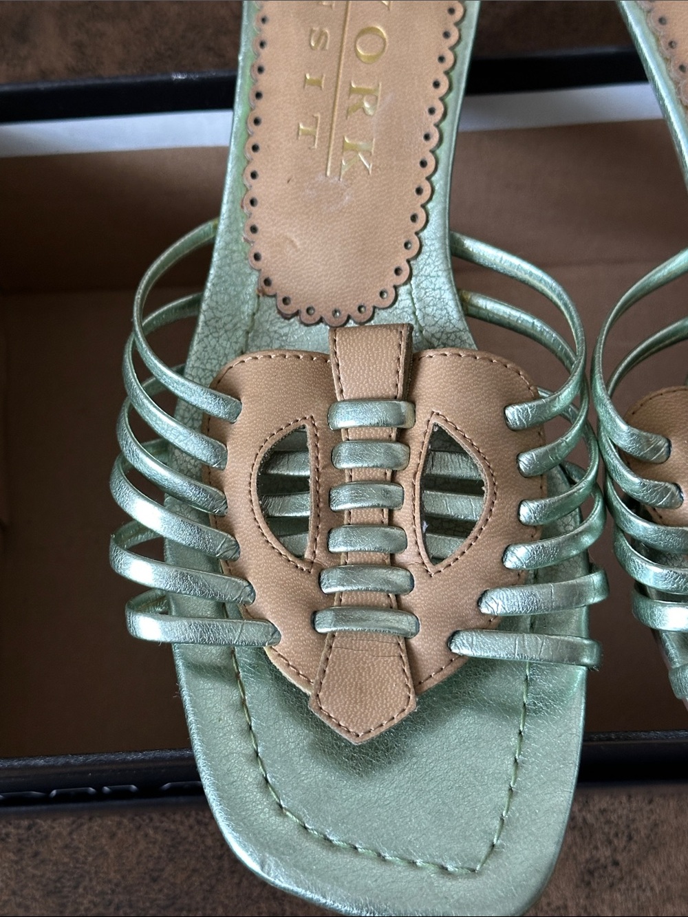 New York Transit Metallic Mint and Tan Slide Mules - Picture 2 of 12